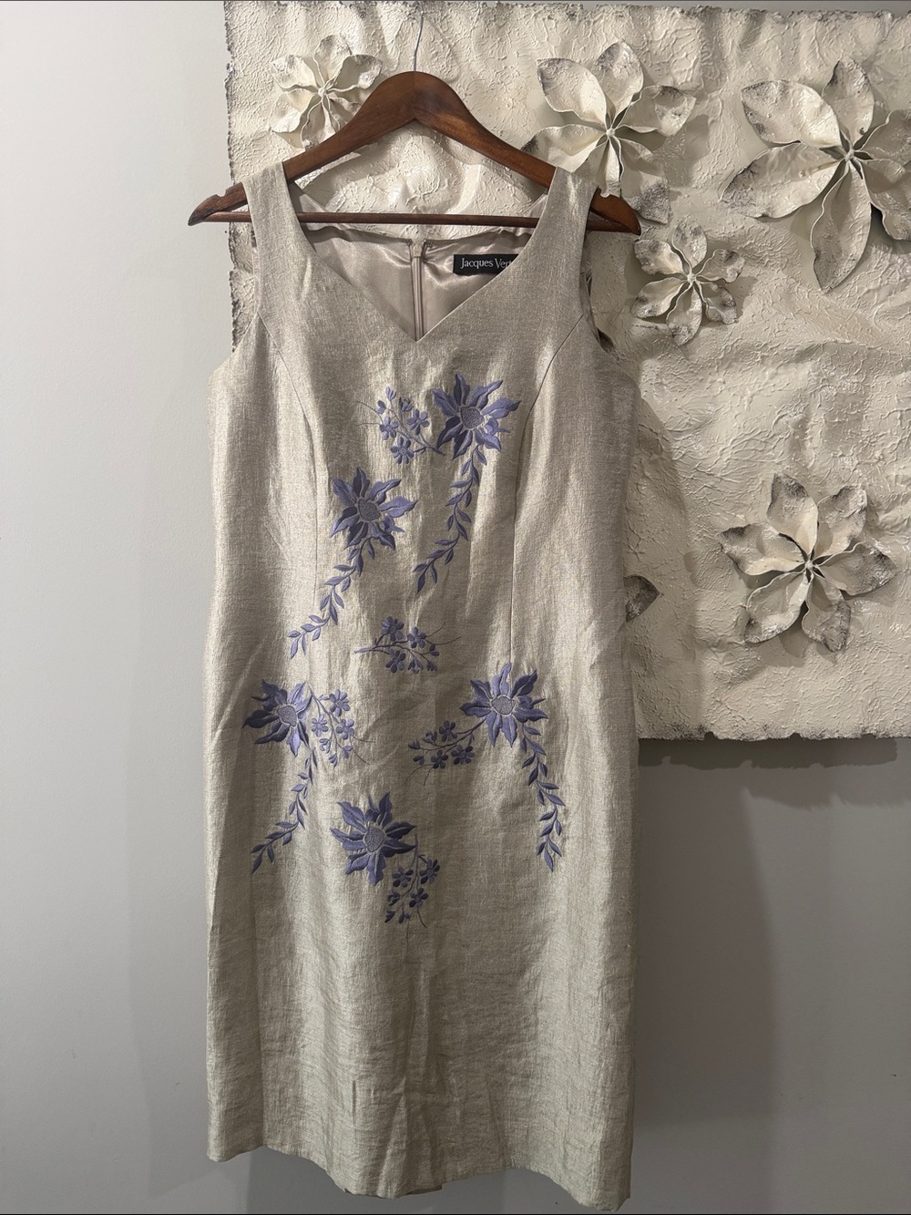 Jacques Vert Embroidered Sheath Dress UK 12 Beige Purple Floral Occasion